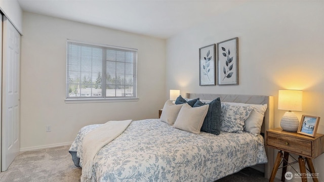 bedroom with carpet floors, baseboards, and a closet