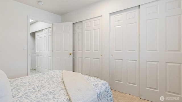 bedroom with two closets and light colored carpet