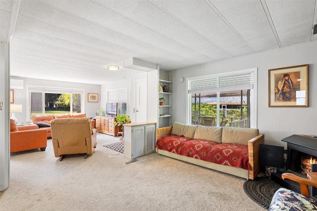 living area with light carpet, a wealth of natural light, and a wood stove