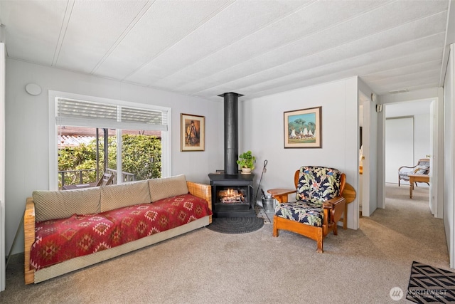 living area featuring a wood stove and carpet flooring