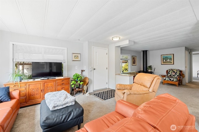 living room with a wood stove and light colored carpet