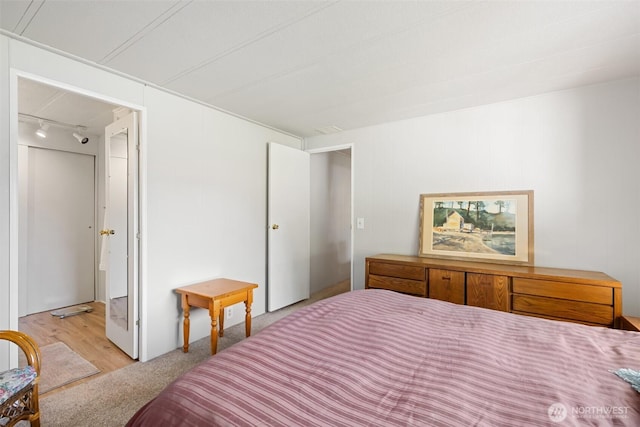 bedroom featuring track lighting and light carpet
