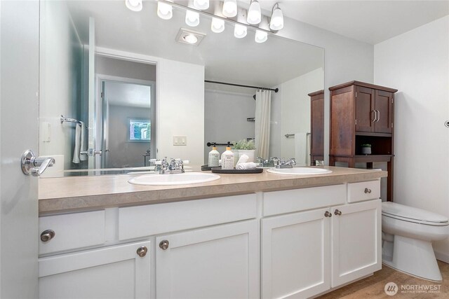 full bath featuring a sink, toilet, and double vanity