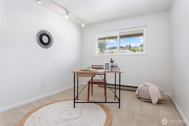 office space with baseboards, rail lighting, and carpet