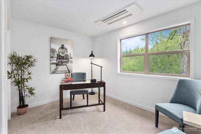 home office featuring baseboards, light carpet, recessed lighting, and visible vents