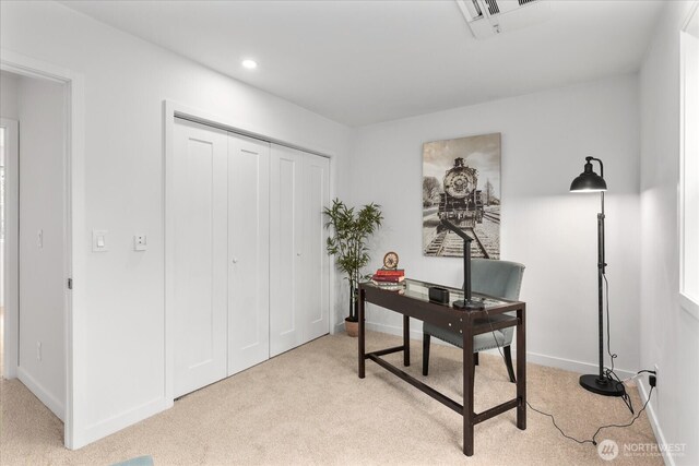 office area with baseboards, recessed lighting, visible vents, and light carpet