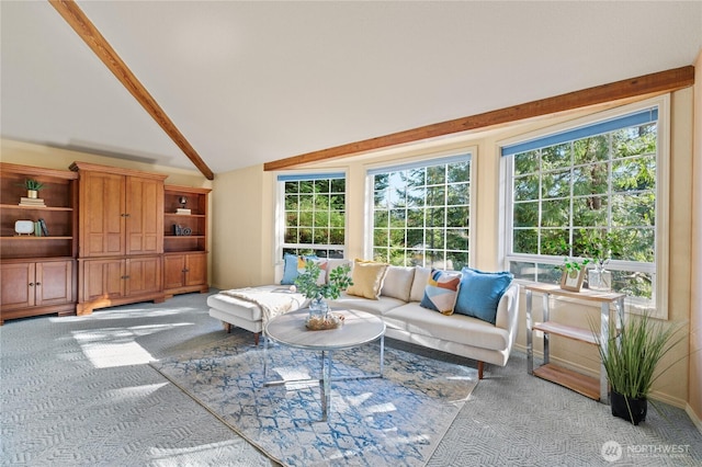 313 Willapa Pl, La Conner, WA 98257 - carpeted living room with plenty of natural light and vaulted ceiling with beams
