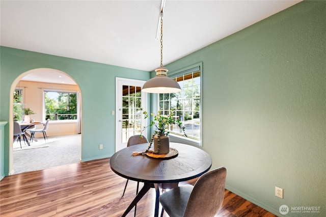 313 Willapa Pl, La Conner, WA 98257 - dining space featuring a healthy amount of sunlight, arched walkways, baseboards, and wood finished floors