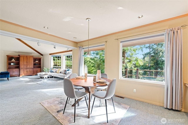 313 Willapa Pl, La Conner, WA 98257 - dining area featuring visible vents, lofted ceiling, light carpet, baseboards, and recessed lighting