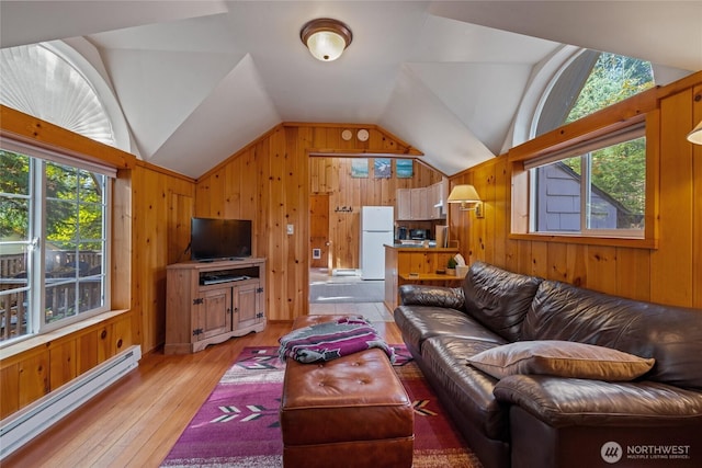 33823 State Route 706 E Unit 2, Ashford, WA 98304 - living room with vaulted ceiling, a baseboard heating unit, wood walls, and a healthy amount of sunlight