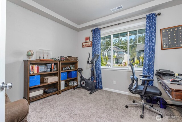 home office featuring baseboards, carpet, and visible vents