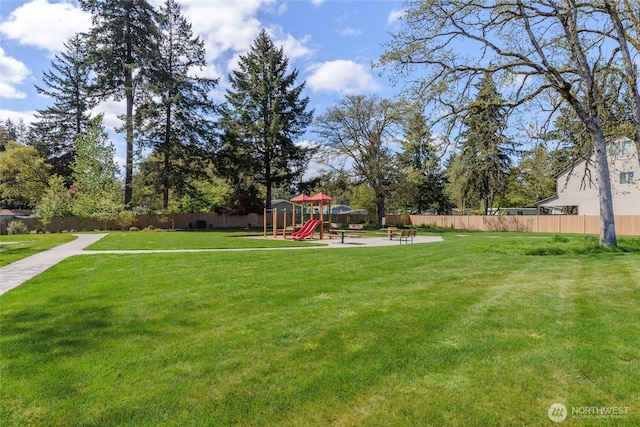 view of yard with fence and playground community