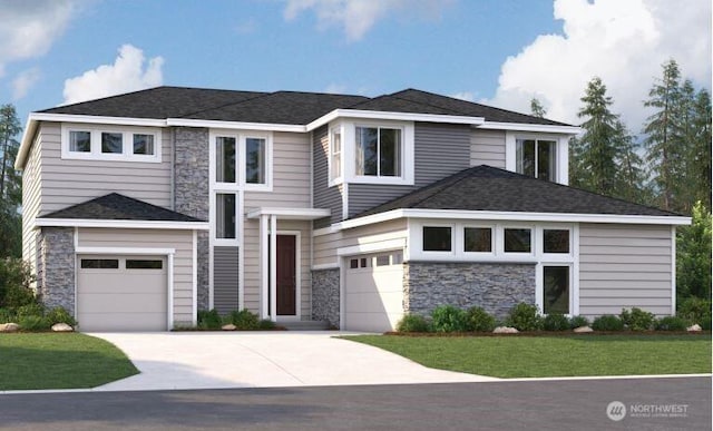 view of front of home featuring an attached garage, a shingled roof, stone siding, and concrete driveway