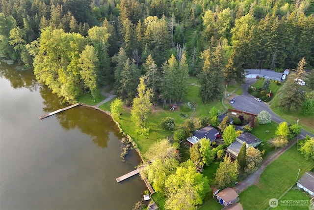 view of property location featuring a large body of water and a heavily wooded area