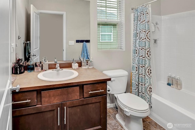 full bathroom featuring vanity, tile patterned flooring, shower / bath combo with shower curtain, and toilet