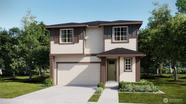view of front of home with an attached garage, a front lawn, roof with shingles, and concrete driveway
