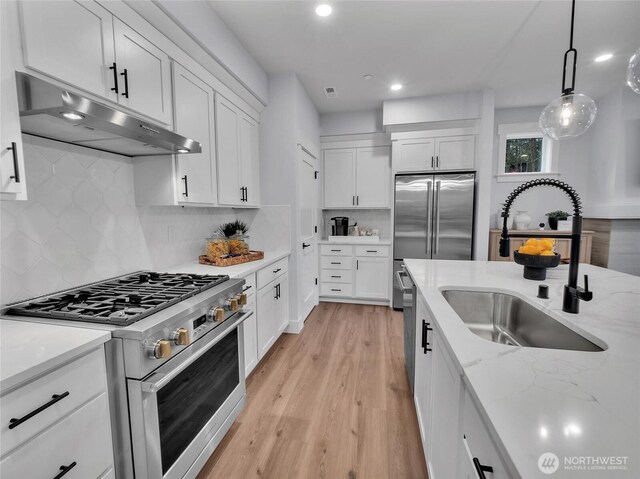 kitchen featuring a sink, high end appliances, white cabinets, and under cabinet range hood