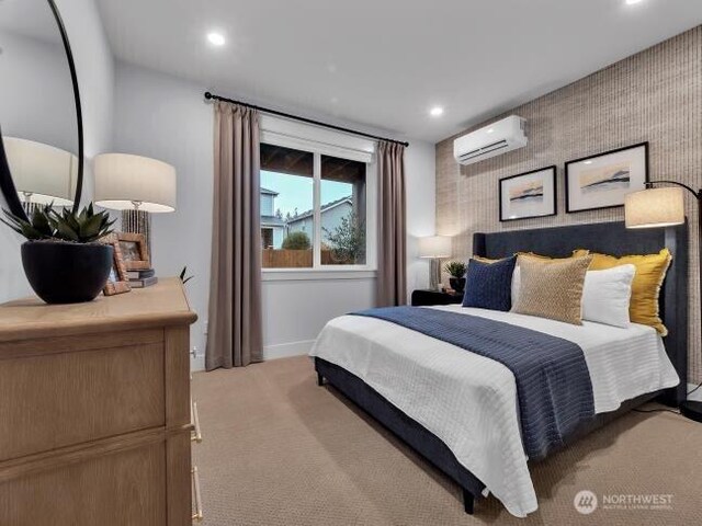 bedroom with baseboards, recessed lighting, a wall unit AC, and light carpet
