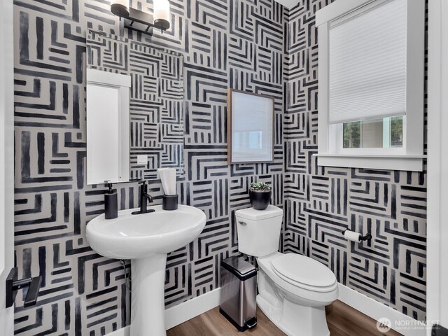bathroom with toilet and wood finished floors
