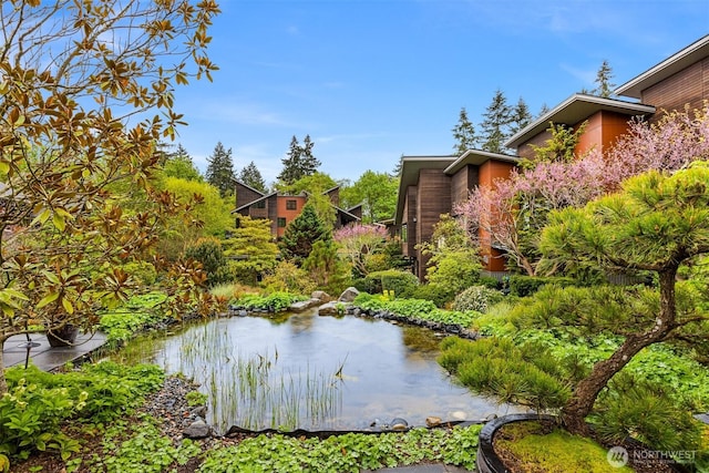 view of water feature featuring a garden pond