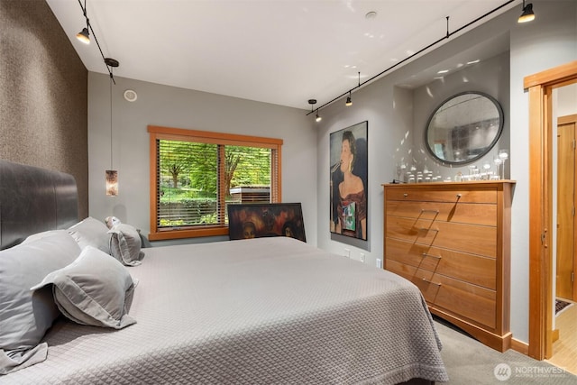 bedroom with track lighting and carpet