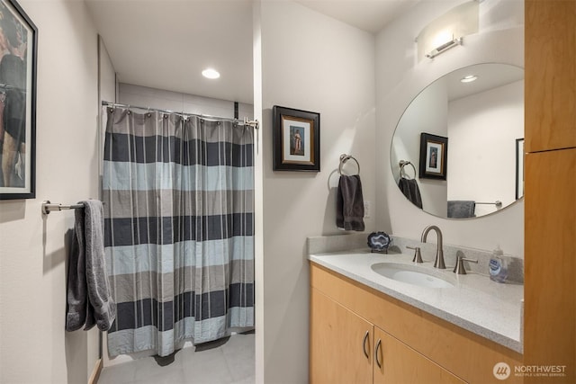 full bathroom with vanity, tile patterned flooring, recessed lighting, and a shower with shower curtain