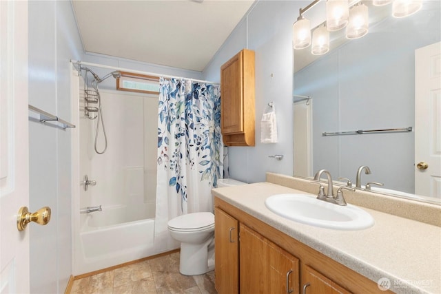 full bathroom with vanity, toilet, lofted ceiling, and shower / tub combo