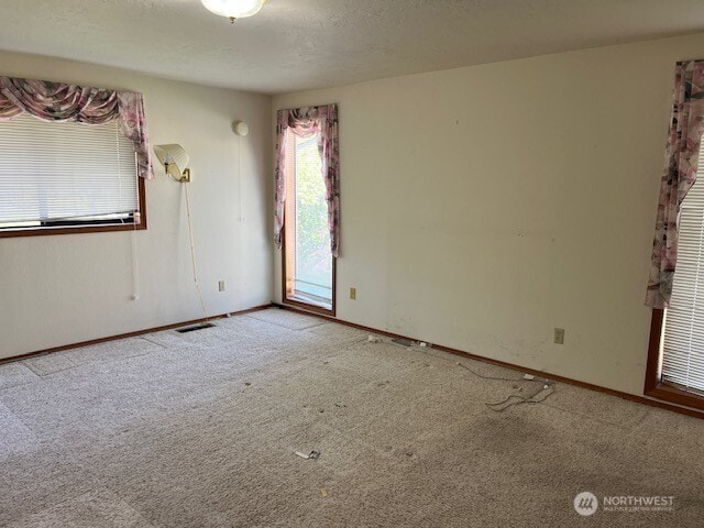spare room with visible vents, carpet, and baseboards