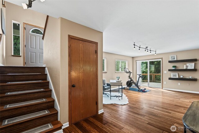 staircase featuring baseboards, wood finished floors, and rail lighting