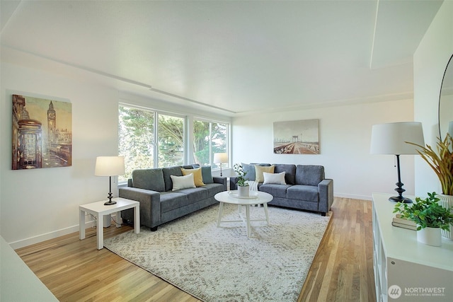 living area with baseboards and light wood-style flooring