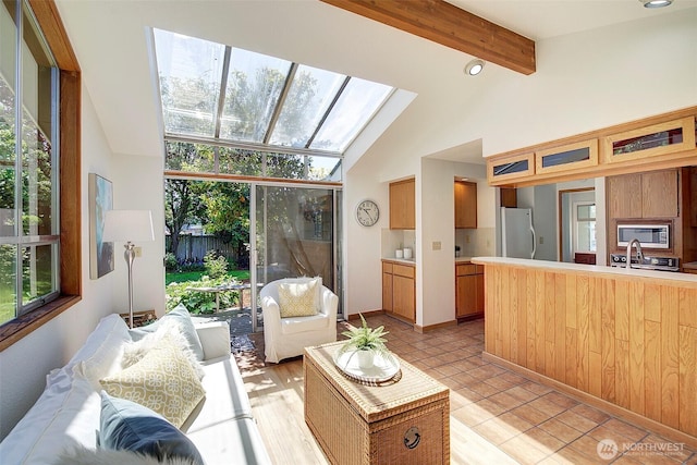 living area featuring lofted ceiling with skylight