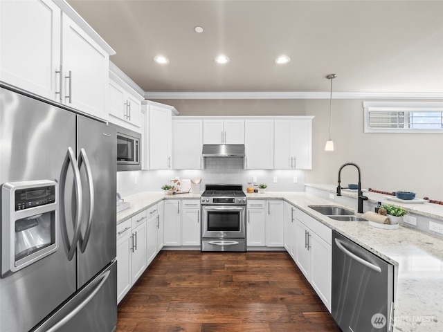 kitchen featuring a sink, appliances with stainless steel finishes, ornamental molding, and under cabinet range hood