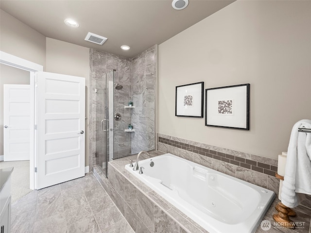 full bathroom with a shower stall, recessed lighting, a garden tub, and visible vents