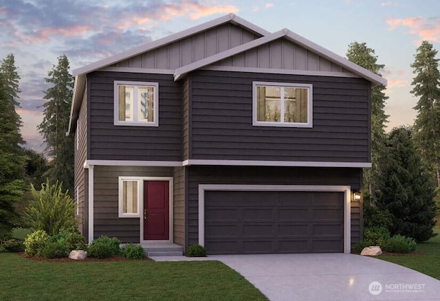 traditional-style home featuring a garage, a front lawn, board and batten siding, and driveway