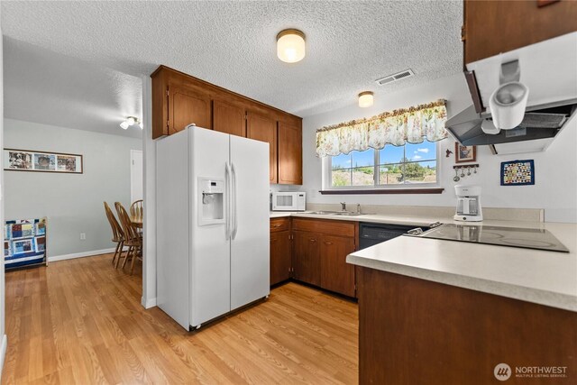 109 Lime St, Omak, WA 98841 - kitchen with a sink, light wood finished floors, white appliances, light countertops, and visible vents