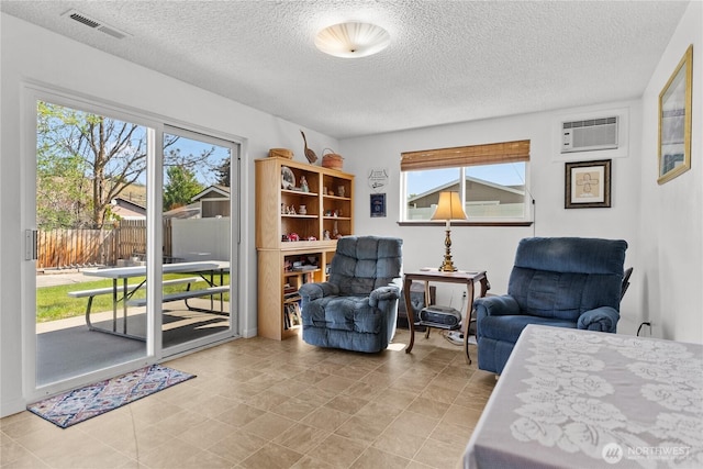 109 Lime St, Omak, WA 98841 - living area with a wealth of natural light, a wall mounted air conditioner, a textured ceiling, and visible vents