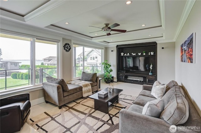 1985 Bayview St, Blaine, WA 98230 - living room with a tray ceiling, healthy amount of natural light, ornamental molding, a ceiling fan, and recessed lighting