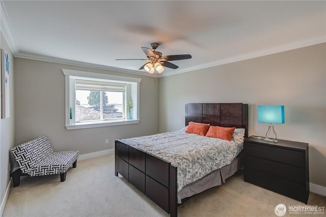 1985 Bayview St, Blaine, WA 98230 - bedroom featuring baseboards, crown molding, light colored carpet, and ceiling fan