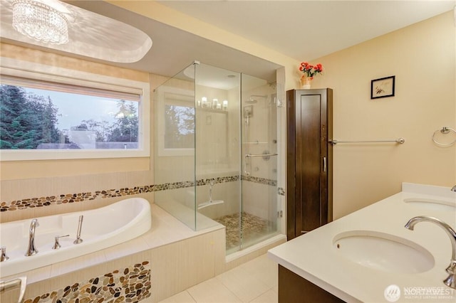 1985 Bayview St, Blaine, WA 98230 - bathroom with a bath, a shower stall, tile patterned flooring, and double vanity