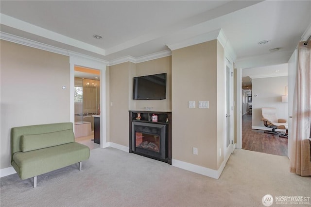 1985 Bayview St, Blaine, WA 98230 - living area featuring carpet, baseboards, a glass covered fireplace, and crown molding