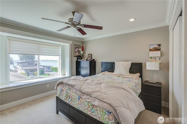 1985 Bayview St, Blaine, WA 98230 - carpeted bedroom with baseboards, ornamental molding, a ceiling fan, and recessed lighting