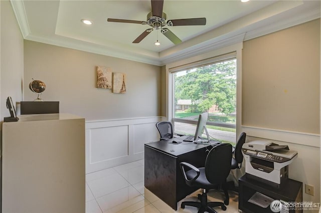 1985 Bayview St, Blaine, WA 98230 - office space with a raised ceiling, a decorative wall, ceiling fan, wainscoting, and recessed lighting