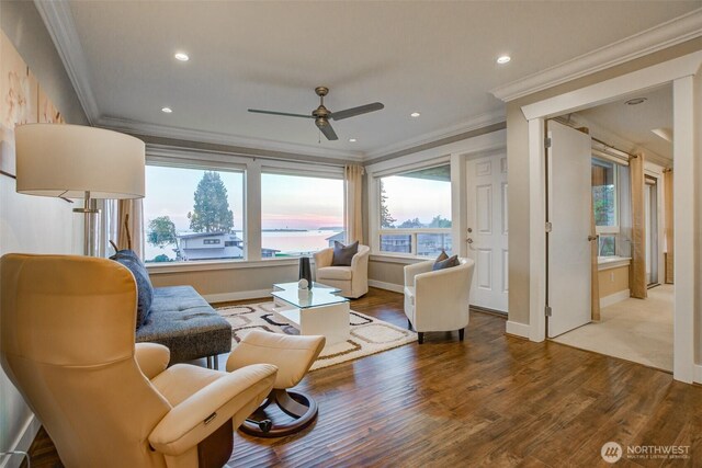1985 Bayview St, Blaine, WA 98230 - sitting room featuring ornamental molding, a ceiling fan, wood finished floors, baseboards, and recessed lighting