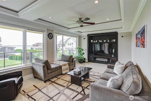 1985 Bayview St, Blaine, WA 98230 - living area featuring a tray ceiling, crown molding, a ceiling fan, and recessed lighting