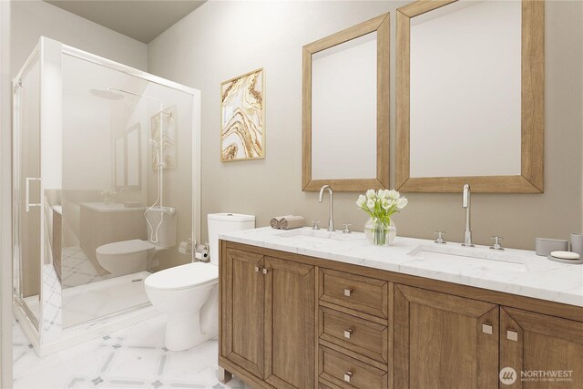 1985 Bayview St, Blaine, WA 98230 - full bathroom with toilet, a stall shower, double vanity, and tile patterned floors