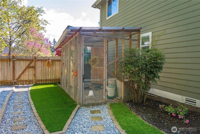 view of poultry coop with fence