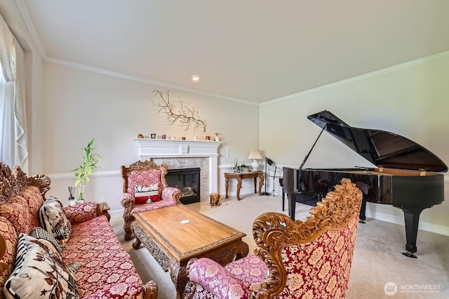 20933 37th Ave SE, Bothell, WA 98021 - carpeted living area with ornamental molding, a high end fireplace, and baseboards