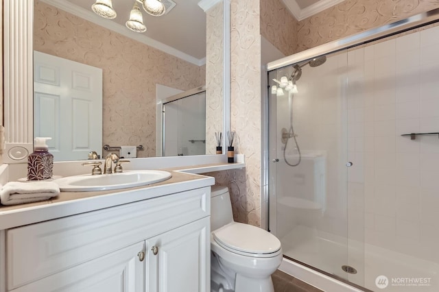 20933 37th Ave SE, Bothell, WA 98021 - full bathroom featuring wallpapered walls, ornamental molding, toilet, a shower stall, and vanity