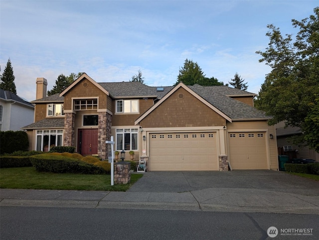 20933 37th Ave SE, Bothell, WA 98021 - view of front of home with stone siding, an attached garage, concrete driveway, a front lawn, and a shingled roof