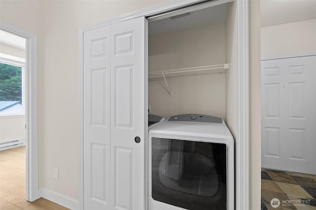 laundry area featuring baseboards, a baseboard radiator, and laundry area